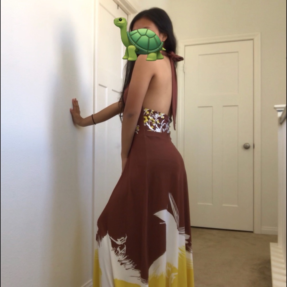 Brown White and Yellow Halter Maxi Dress